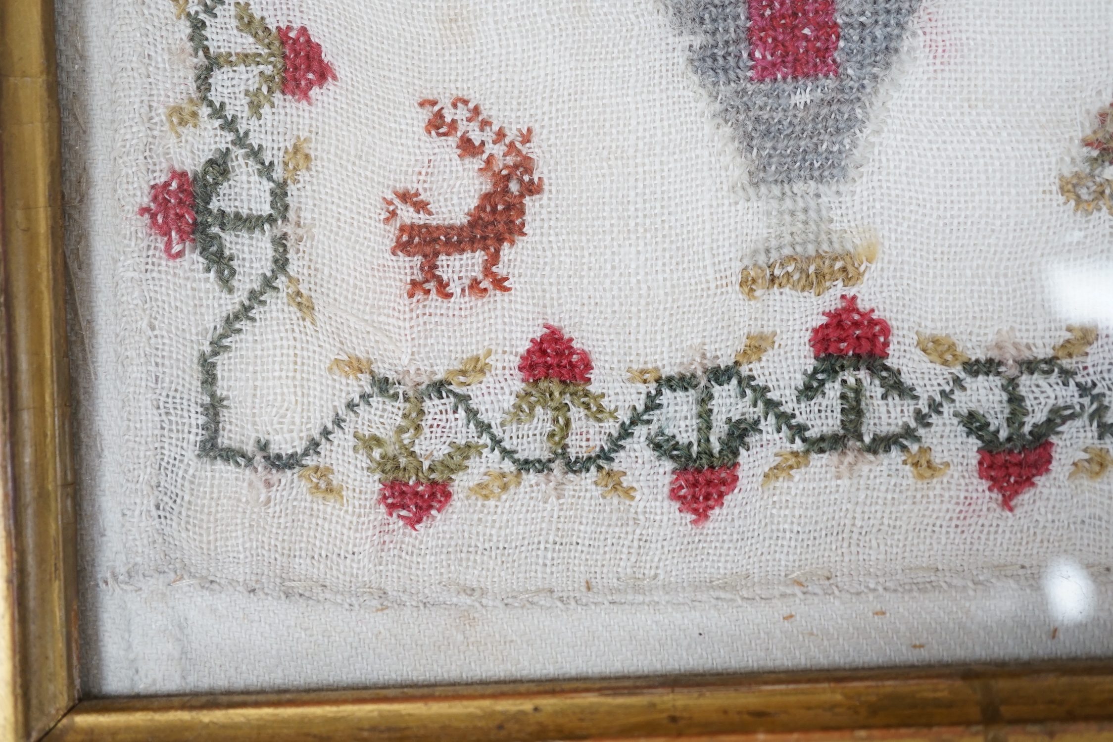 A framed 19th century sampler, 44cm sq excl frame